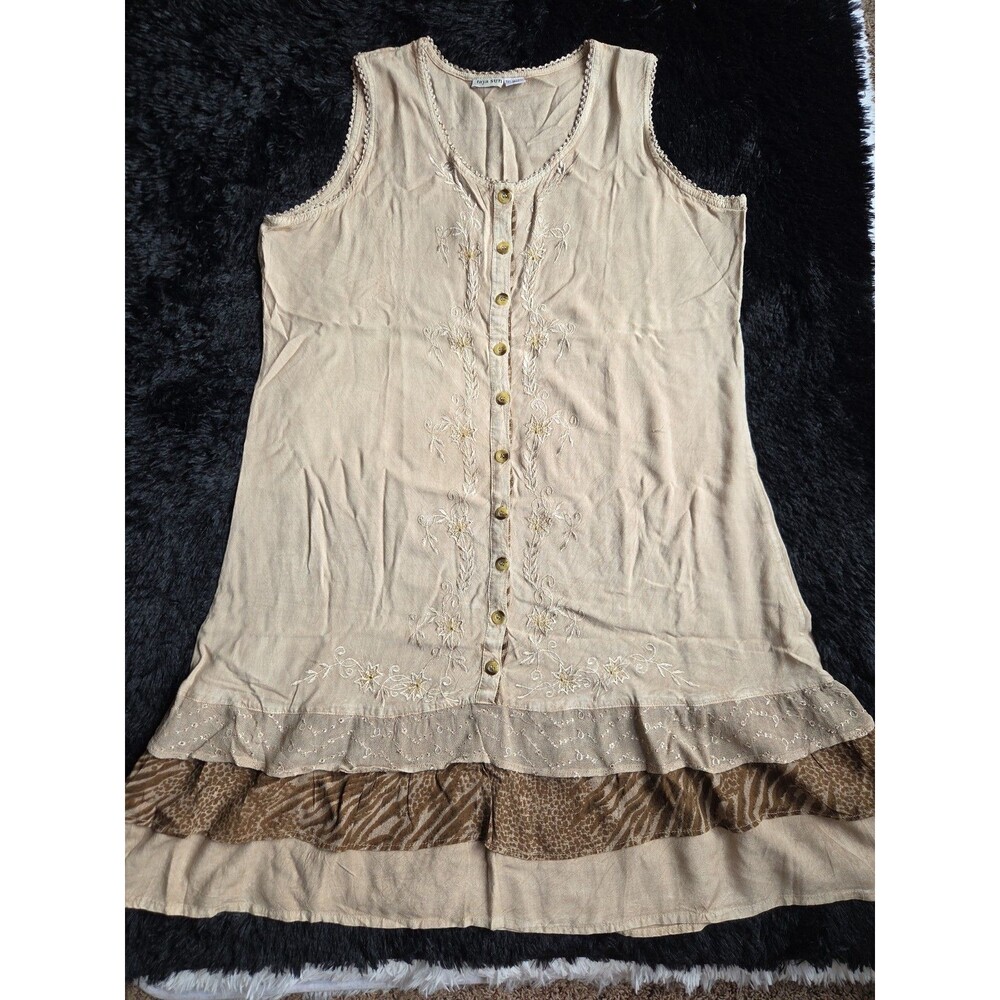 Raya Sun Swing Tank Dress L Beige Embroidery Lace Ruffles Lightweight Buttons